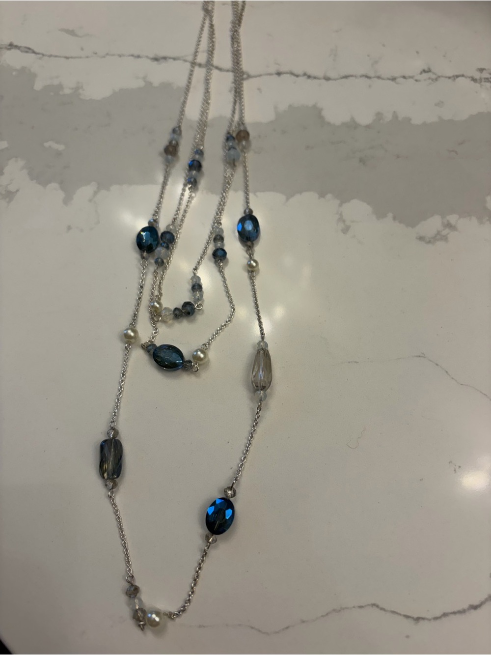 LOFT Silver Chain Necklace with Blue and Clear Beads Multi- Strand one piece